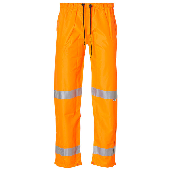 Hi vis orange safety pants with elasticated waist, drawstring and dual reflective 3M tape bands on legs