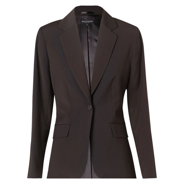 Charcoal women's tailored blazer with notched lapels, single button closure, and front flap pockets