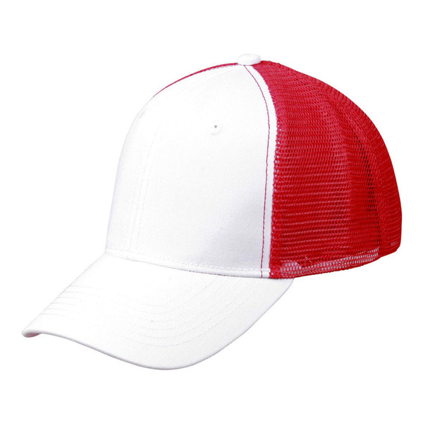White front panel trucker cap with red mesh back and curved brim