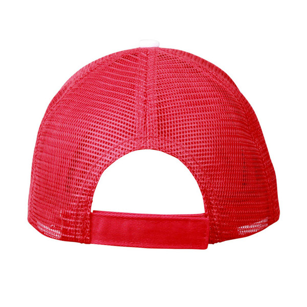 Red trucker cap with mesh crown panels and adjustable snapback closure, rear view