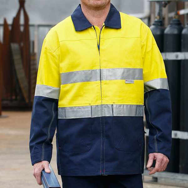 Hi-vis yellow and navy cotton safety jacket with 3M reflective tape and front zip closure