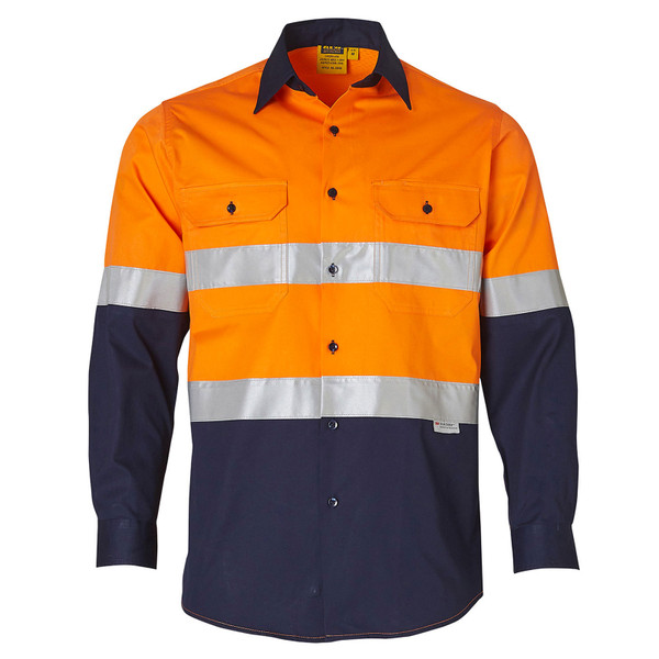 High visibility orange and navy work shirt with silver reflective tape and chest pockets