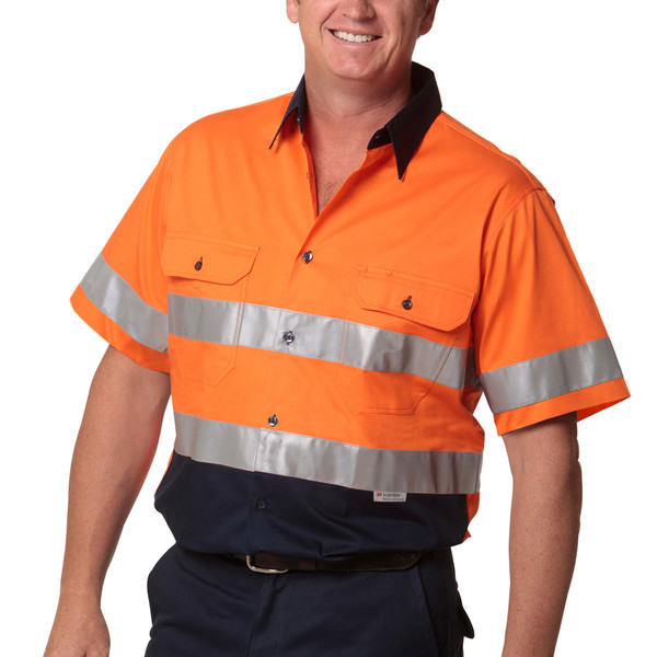 Hi-vis orange and navy work shirt with 3M reflective tape and chest pockets