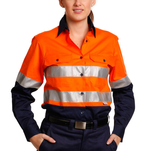 Hi-vis orange work shirt with navy collar and sleeves, featuring silver 3M reflective tape stripes across chest and arms