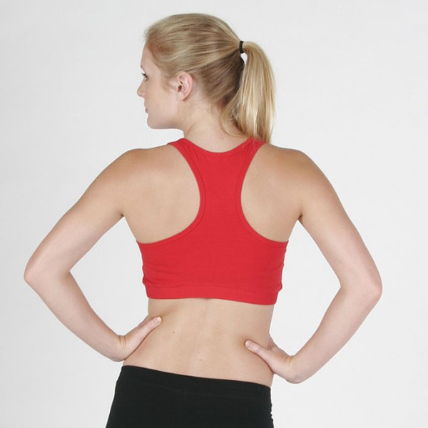 Back view of red racerback crop top showing athletic fit and contrast black waistband