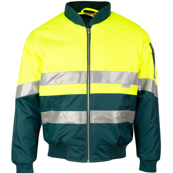 Hi-vis flying jacket in fluoro yellow and bottle green with silver 3M reflective tape bands and zip front