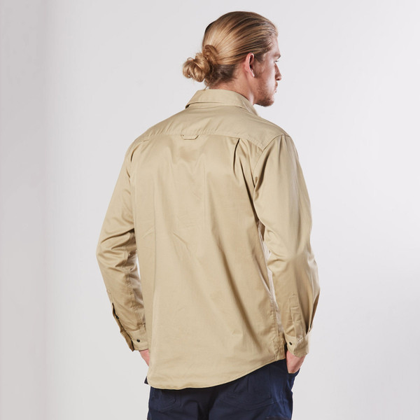 Back view of sand-coloured long sleeve work shirt with two flap chest pockets and buttoned cuffs