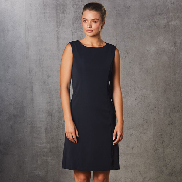 Navy sleeveless shift dress with round neckline and knee-length hem in stretch fabric