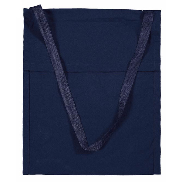 Navy blue flat canvas library bag with long woven shoulder strap and front pocket panel