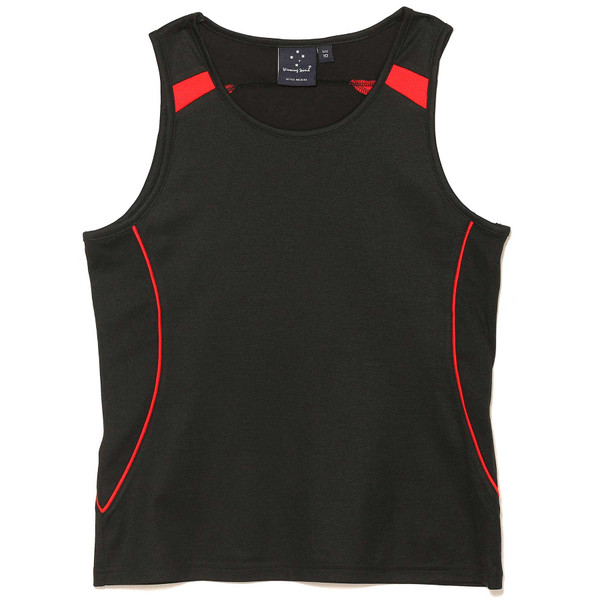 Charcoal grey athletic singlet with red contrast panels on shoulders and side piping