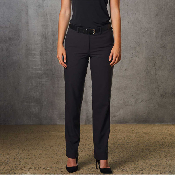 Charcoal grey women's business pants with belt loops and flat front panel, styled with black belt