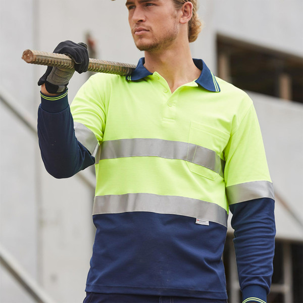 Hi-vis yellow and navy long sleeve safety polo with horizontal 3M reflective tape and contrasting collar