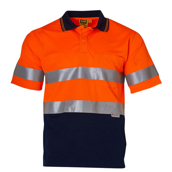 High-visibility orange polo shirt with silver reflective tape and navy lower panel, featuring ribbed black collar