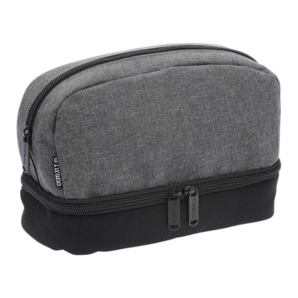 Grey heather polycanvas toiletry bag with black base and dual zipper compartments