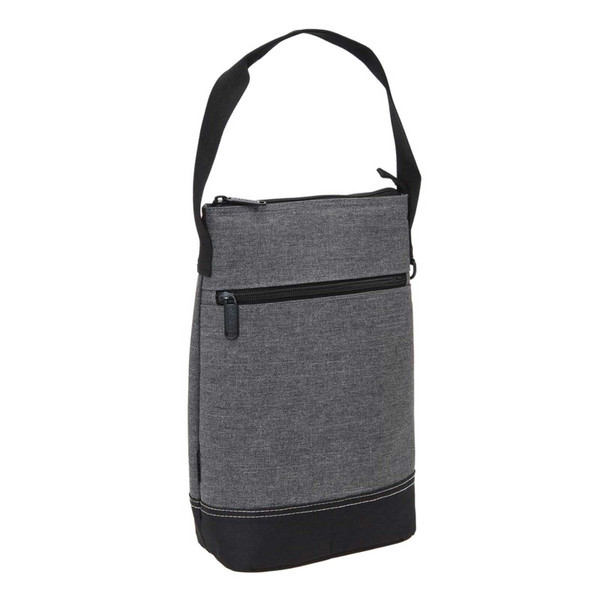 Charcoal grey two-tone insulated wine cooler bag with black base panel, dual zipper compartments and adjustable shoulder strap
