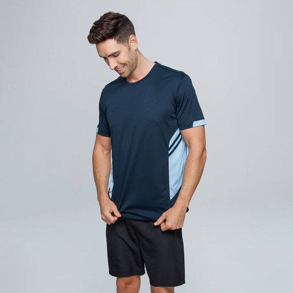 TALENT Men's Contrast Sports T-Shirt featuring breathable moisture-wicking fabric, stylish contrast side panels, and a lightweight athletic fit for gym training and team sports.