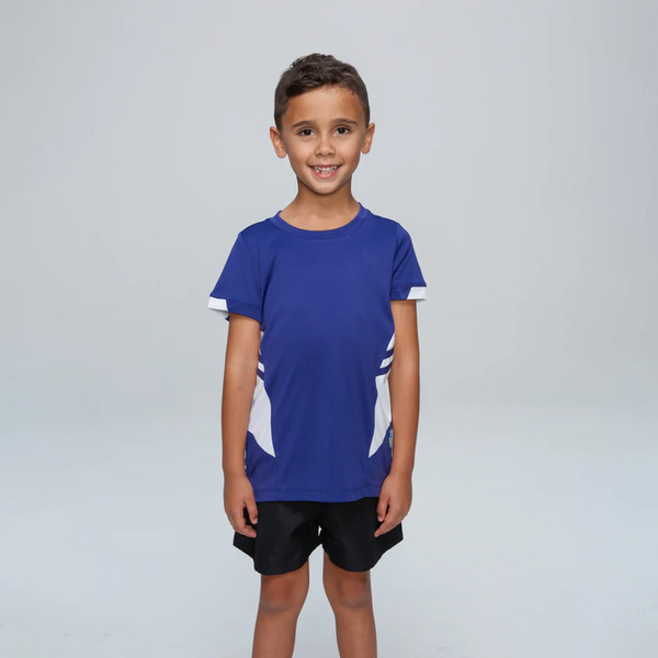 Royal blue kids sports tee with white contrast side panels and sleeves