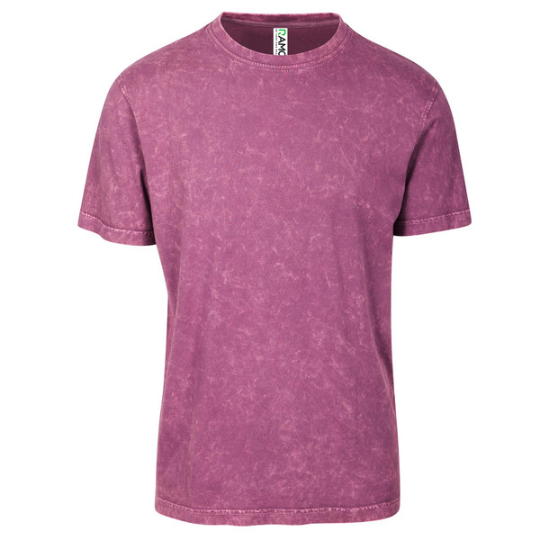 Mauve stonewashed cotton t-shirt with mottled acid wash finish and crew neck