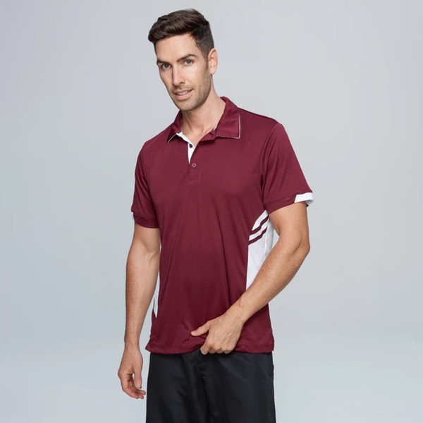 Man wearing maroon and white contrast sports polo with side panels and tipped collar
