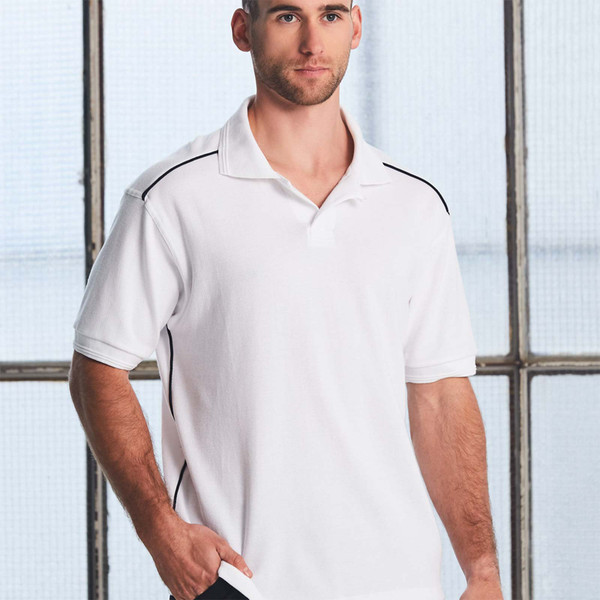 White short sleeve polo shirt with black contrast piping along shoulders and collar