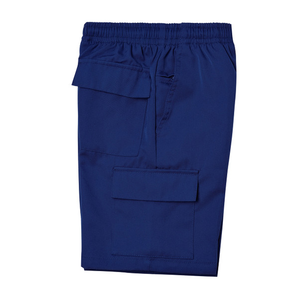 Navy cargo shorts with elasticated waistband and large side pocket with flap closure