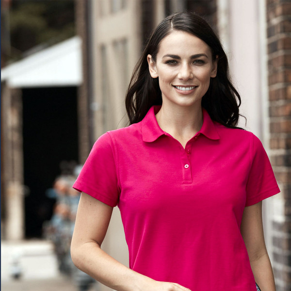 Plain Hawkins ladies short sleeve polo shirt, made from easy care poly/cotton pique knit fabric, featuring moisture removal and snag resistance for uniforms.