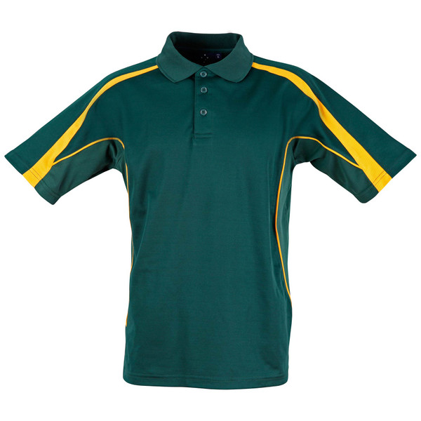 Kids bottle green and gold contrast polo shirt with side panels, three-button placket, flat lay
