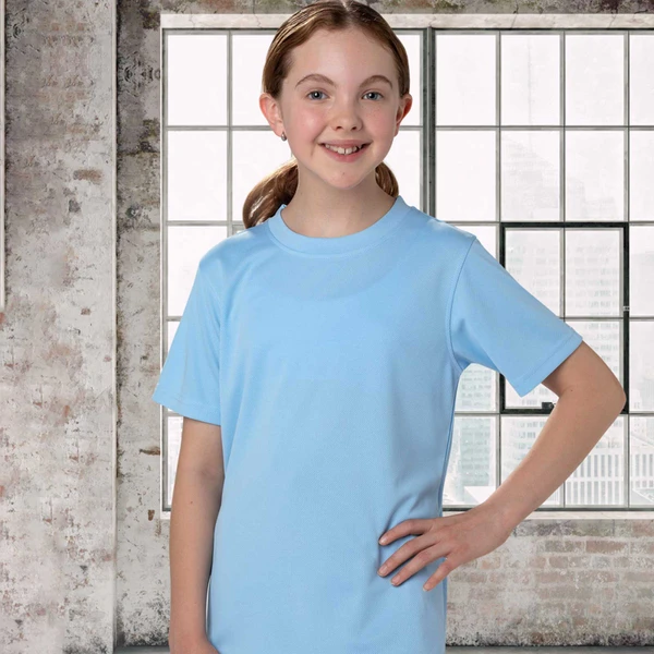 Sky blue mesh knit tee with crew neck and short sleeves on youth model