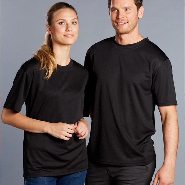 Black unisex performance tee with crew neck and short sleeves in moisture-wicking mesh knit fabric