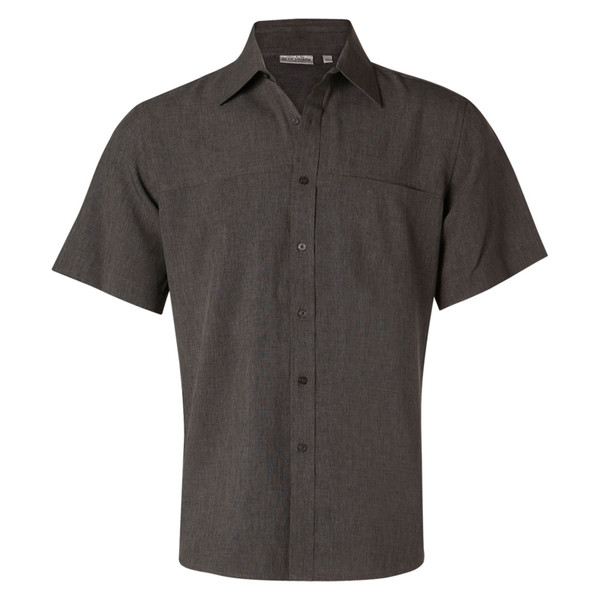 Charcoal grey short sleeve business shirt with chest pocket and button-through front