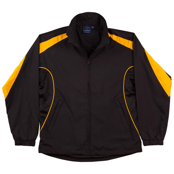 Black sports jacket with gold shoulder panels and piping detail, featuring zippered front and elastic cuffs