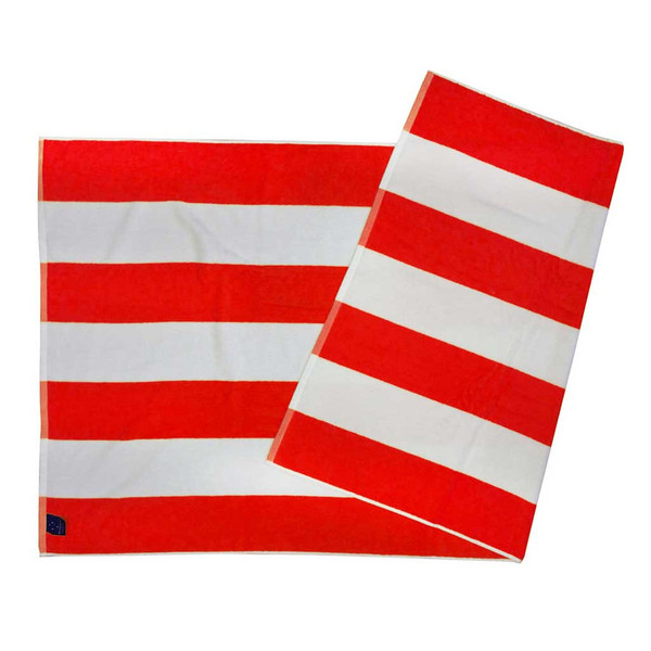 Bright red and white horizontal striped beach towel in thick terry cloth fabric