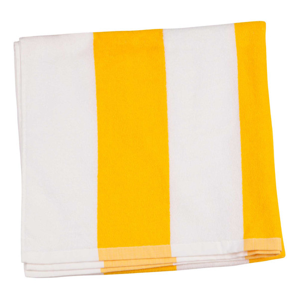 Folded beach towel with bold amber yellow and white vertical cabana stripes