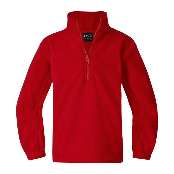 Red polar fleece half-zip pullover with stand collar and contrast zipper detail