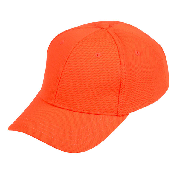 Fluorescent orange structured baseball cap with six-panel pique mesh construction and curved brim