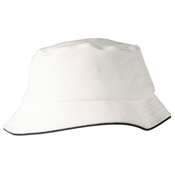 White pique mesh bucket hat with navy contrast trim on brim edge