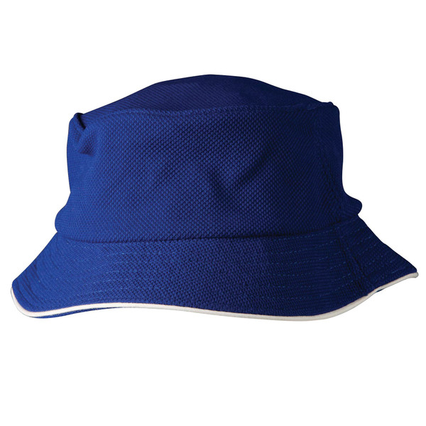 Navy blue pique mesh bucket hat with white sandwich trim on brim
