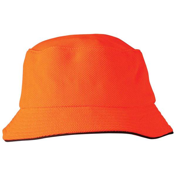 Fluoro orange bucket hat with breathable pique mesh fabric and navy sandwich trim on brim