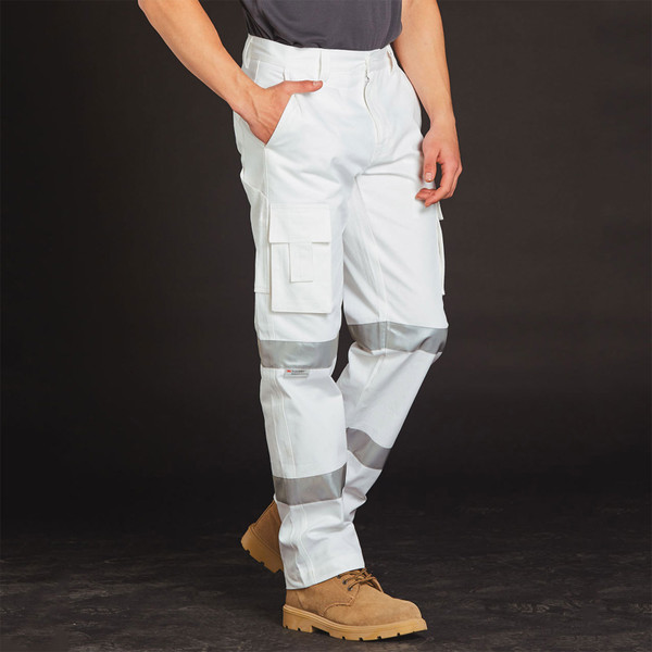 White cargo work pants with silver reflective biomotion tape stripes on legs and cargo pocket detail
