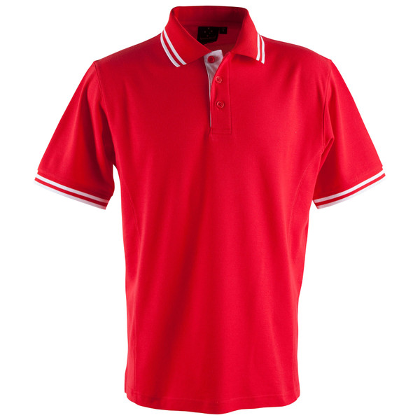 Bright red kids polo shirt with white contrast tipping on collar and sleeve cuffs