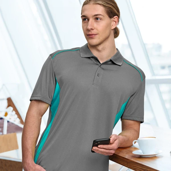 Charcoal grey polo with teal contrast side panels and shoulder piping