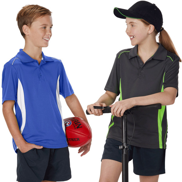 Kids wearing CoolDry performance polos with contrasting side panels in royal blue with white trim and charcoal with lime green accents