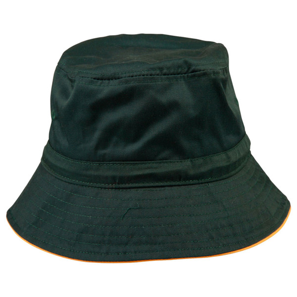 Forest green bucket hat with gold contrast brim trim and toggle adjuster