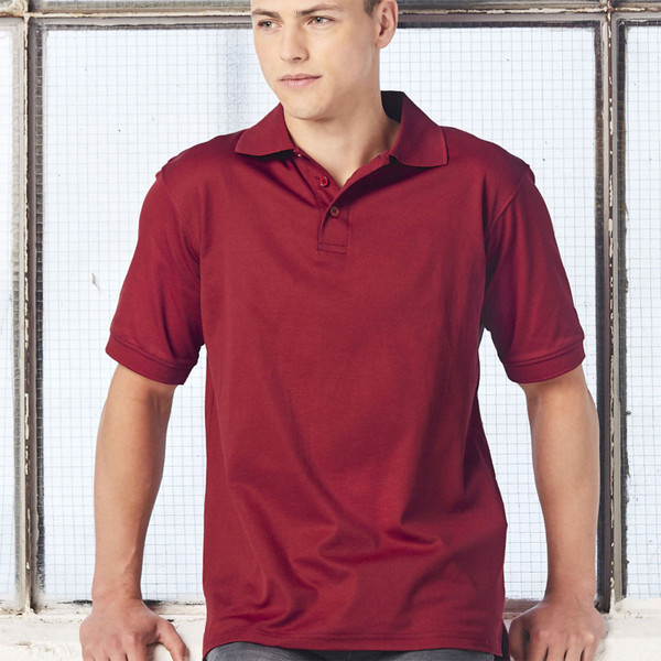 Maroon short sleeve polo shirt with classic collar and button placket
