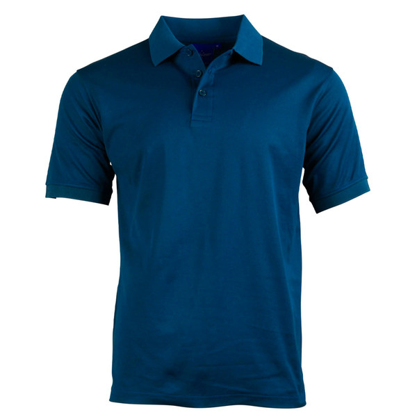 Navy blue short sleeve polo shirt with matching collar and three-button placket