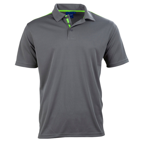 Charcoal grey polo shirt with lime green contrast trim on collar and placket
