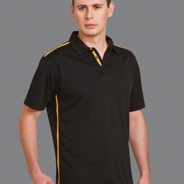 Black polo shirt with gold contrast piping along shoulders and sides, featuring collar and placket details