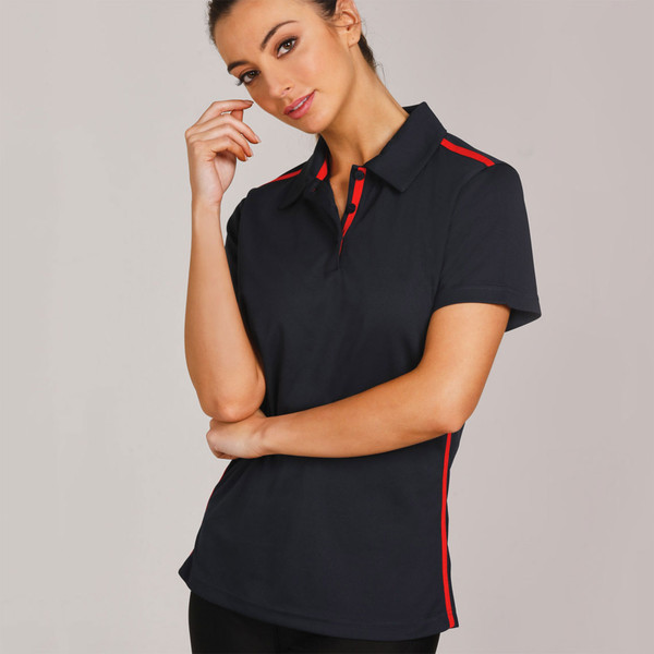 Navy polo shirt with red contrast trim on collar, placket, and side panels