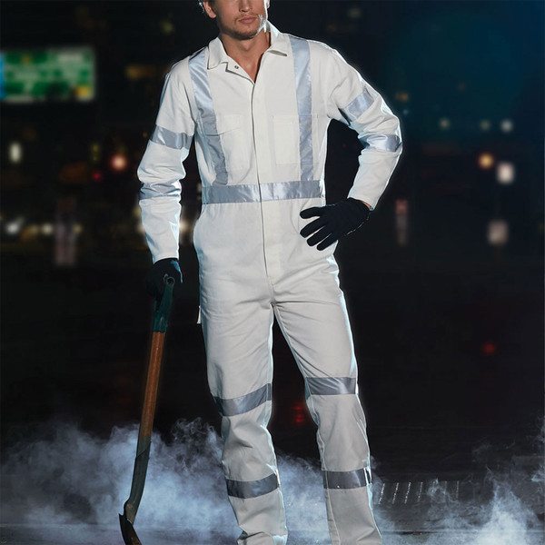 White safety coveralls with silver reflective biomotion tape on torso, arms, and legs with front zip closure