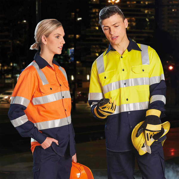 High visibility safety shirts in fluorescent orange and yellow with silver reflective tape and navy contrast panels